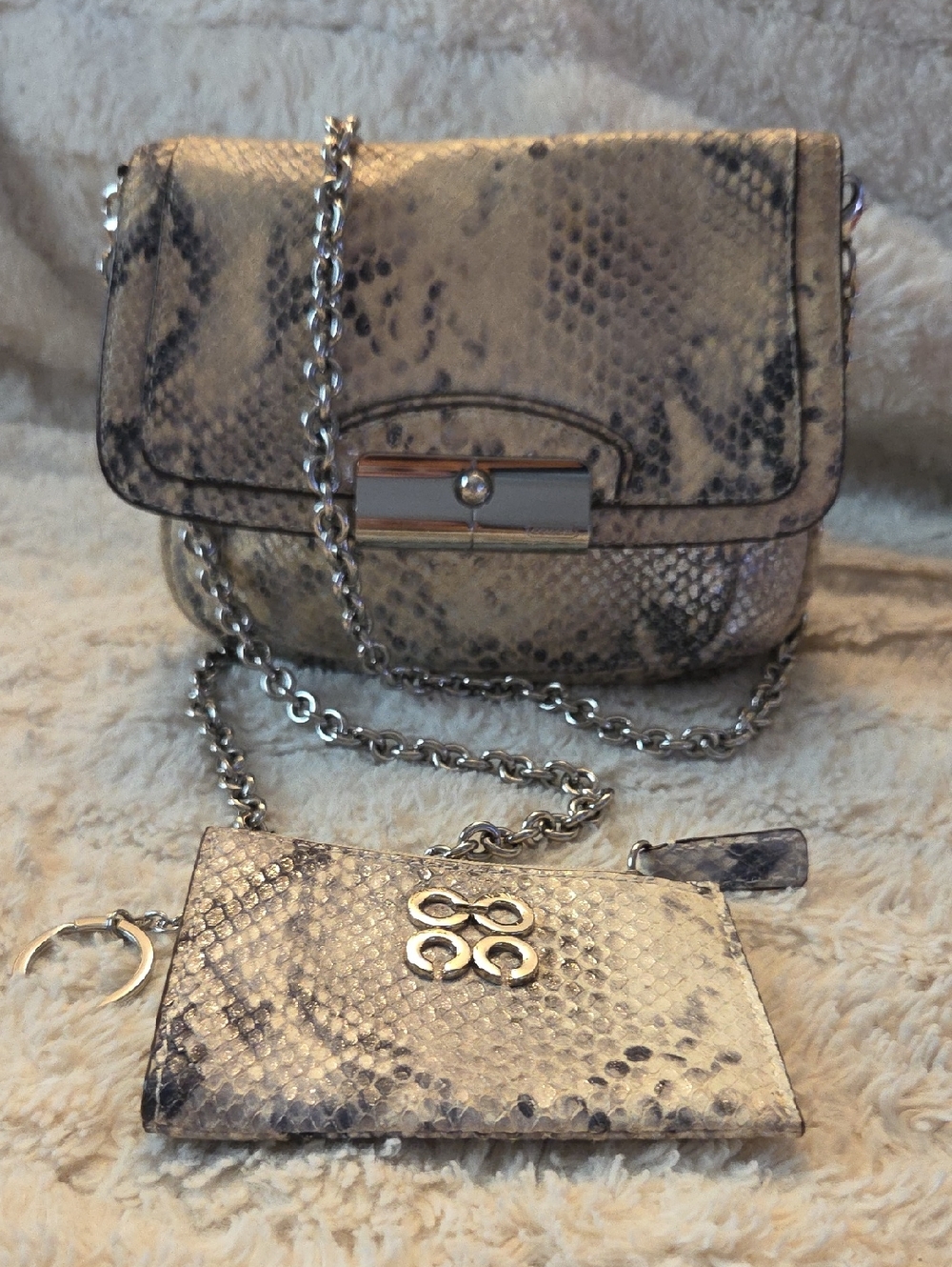 Coach Snake-Embossed Crossbody Bag in Cream and Gray w Silver Hardware & Wallet